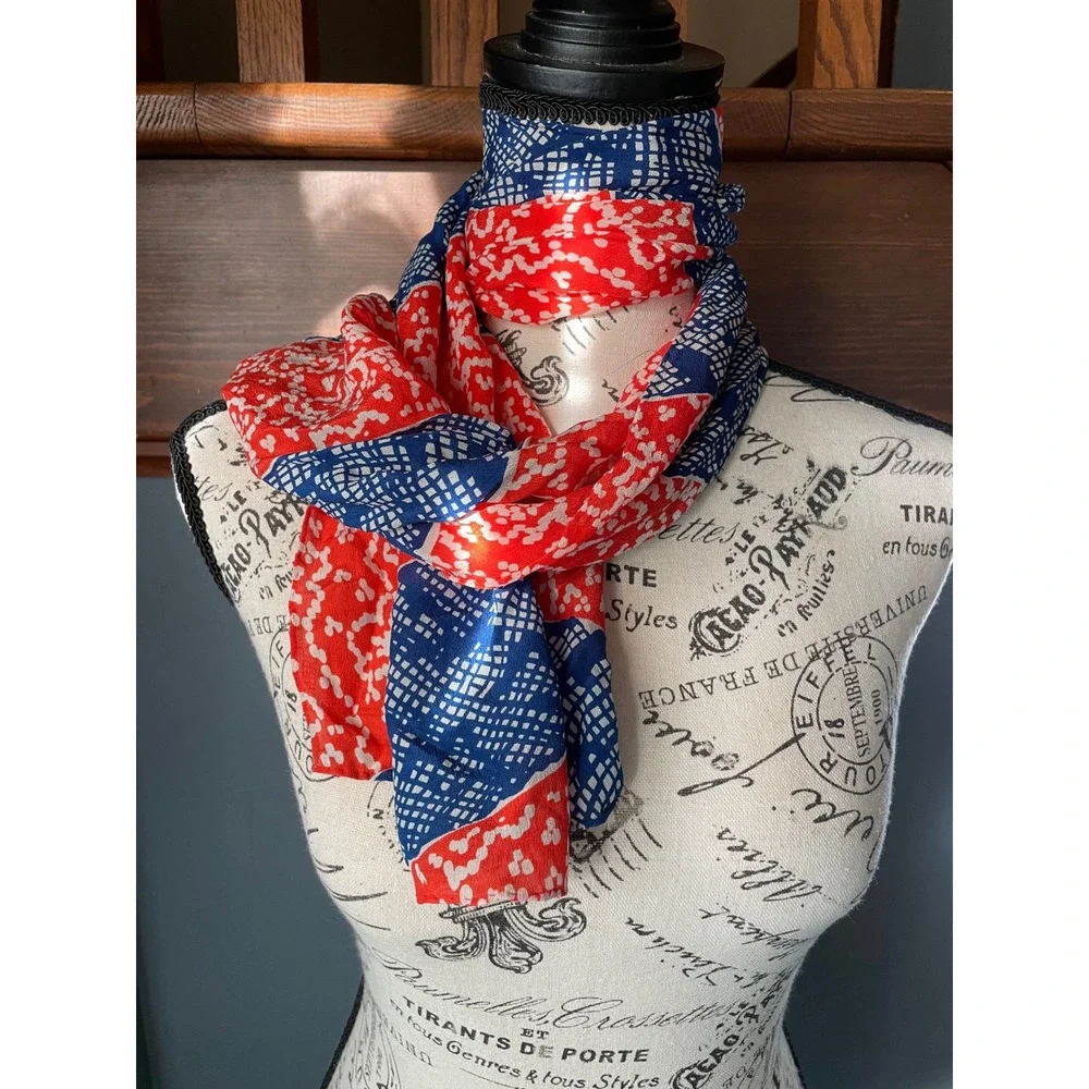 Bill Blass Vintage Silk Scarf Red White Blue Striped Geometric Signature Print